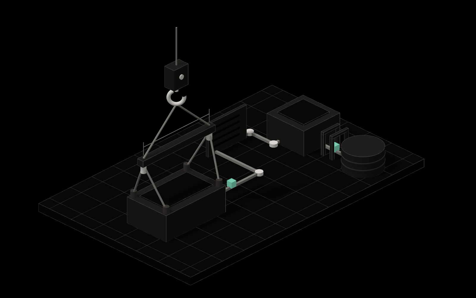 Isometric illustration: a load hanging from a spreader beam and crane hook, connected to software modules for input, calculation, validation and storage.