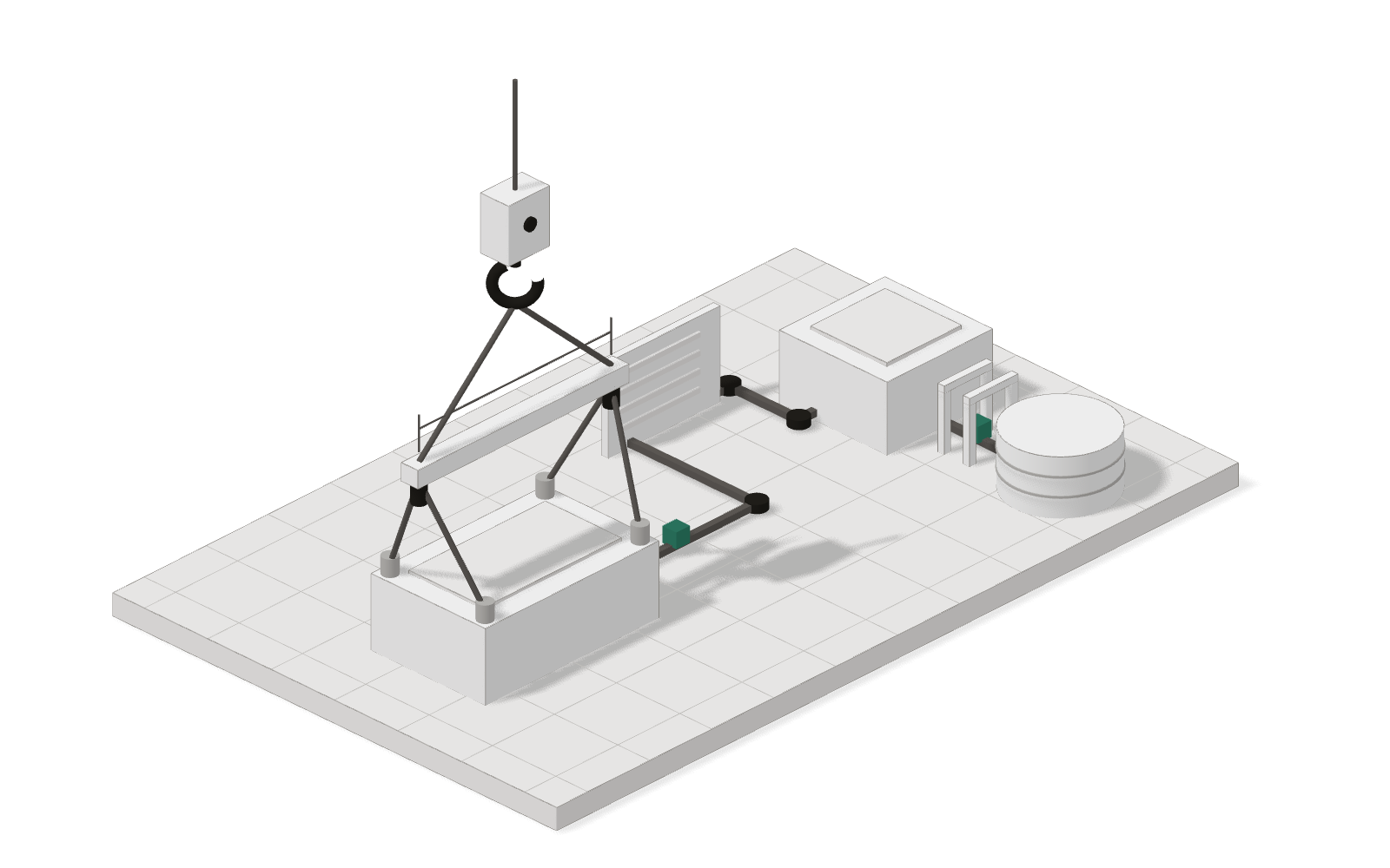 Isometric illustration: a load hanging from a spreader beam and crane hook, connected to software modules for input, calculation, validation and storage.